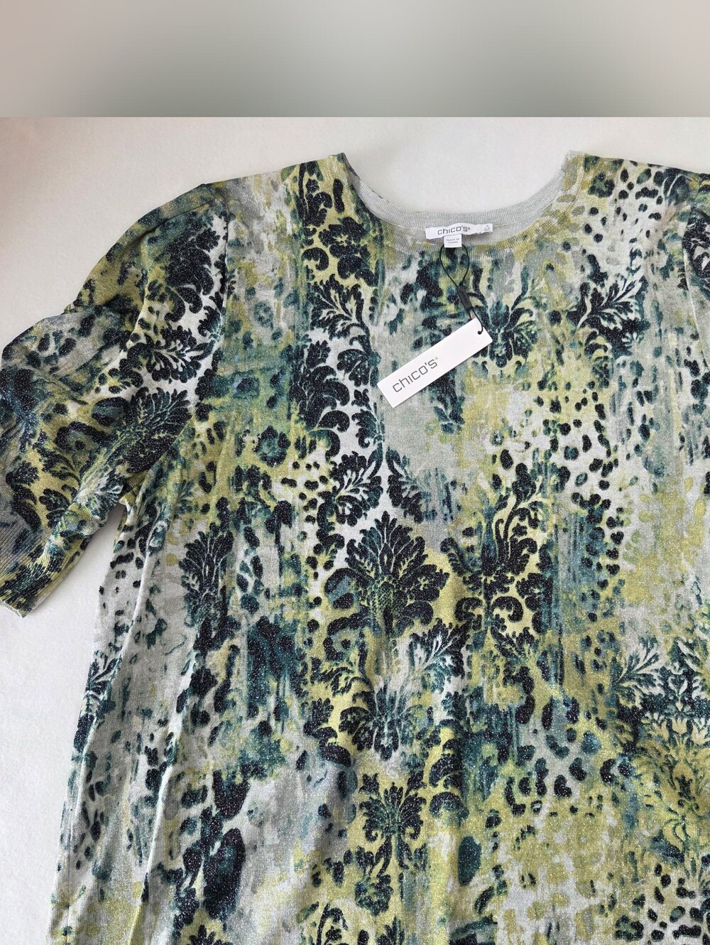 Chico's Green & Teal Patterned Damask Top Size 4